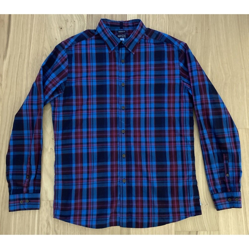 MADE Cam Newton Shirt Men L Blue Plaid Button Up Long Sleeve 100% Cotton Bold